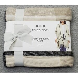 Three Dots Cashmere Blend Cardigan Wrap Women One Size Multi Plaid Fringe Detail